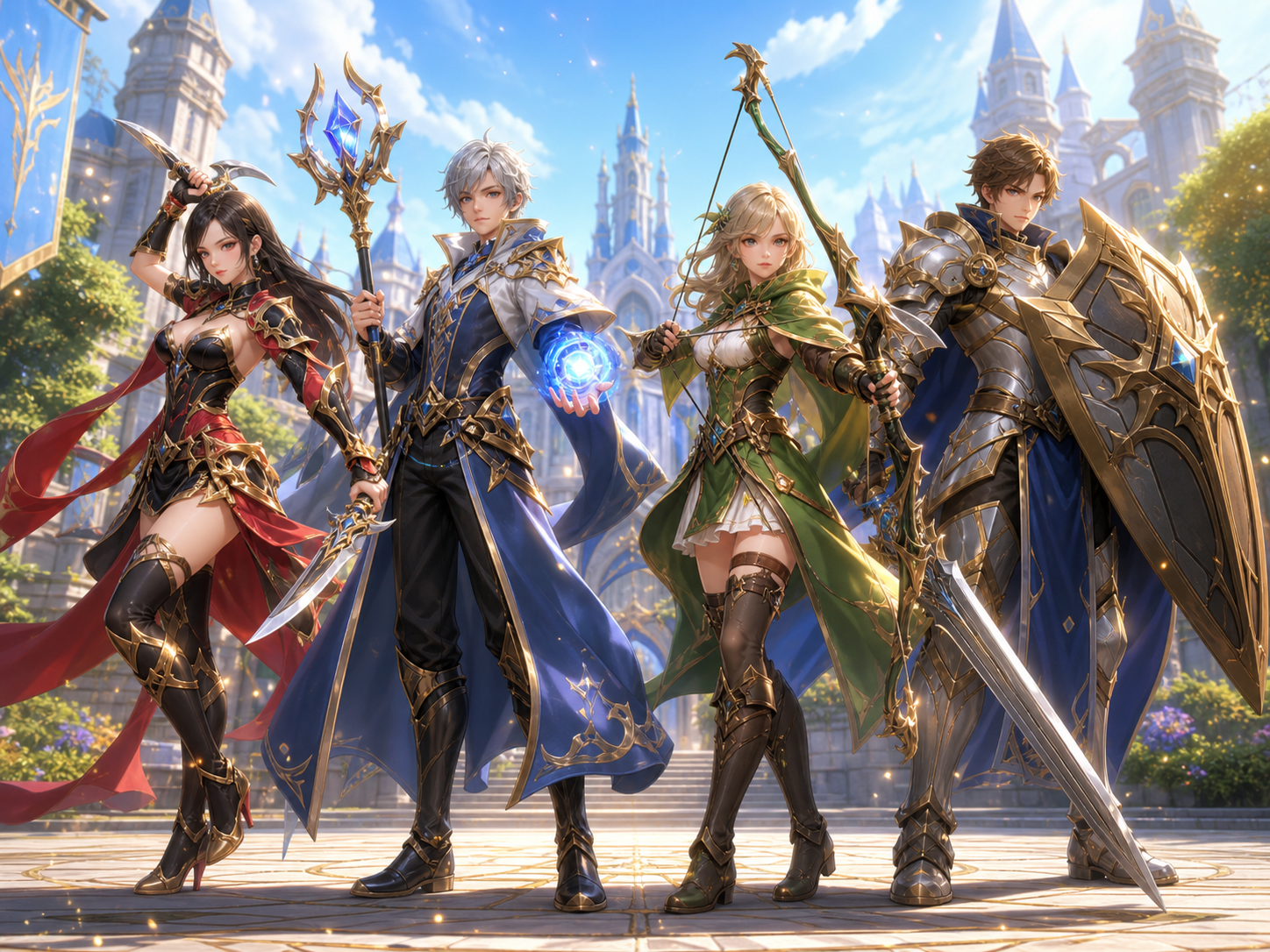 Four fantasy hero classes standing together in a magical academy courtyard