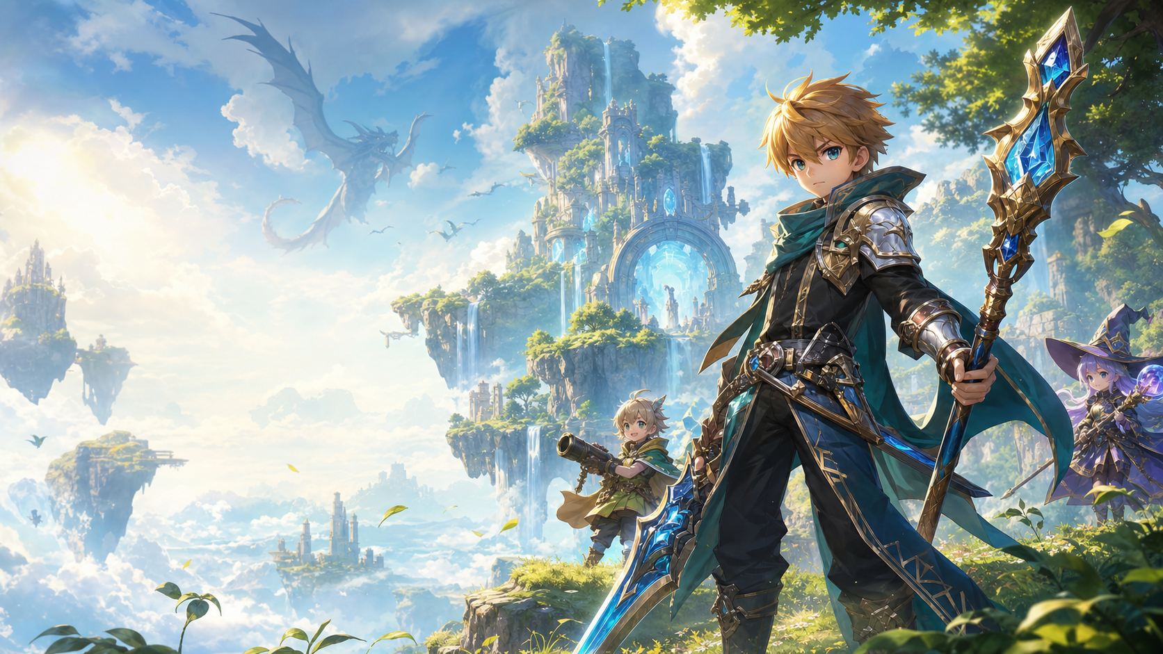 Aetherbound Legends fantasy mage knight overlooking a floating island world