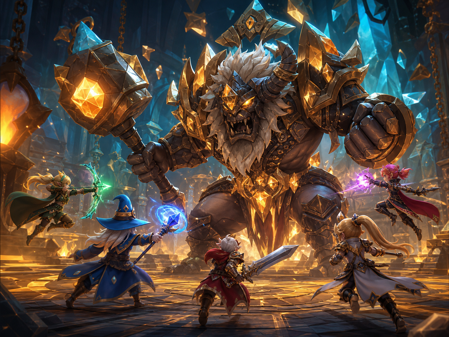 Party of adventurers facing a giant armored raid guardian