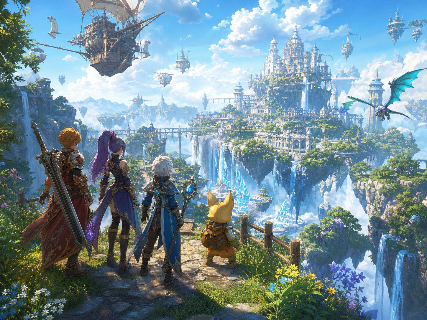 Fantasy floating island harbor with adventurers and airships